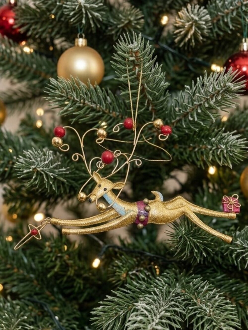 Vintage Metal Flying Reindeer Christmas Ornament